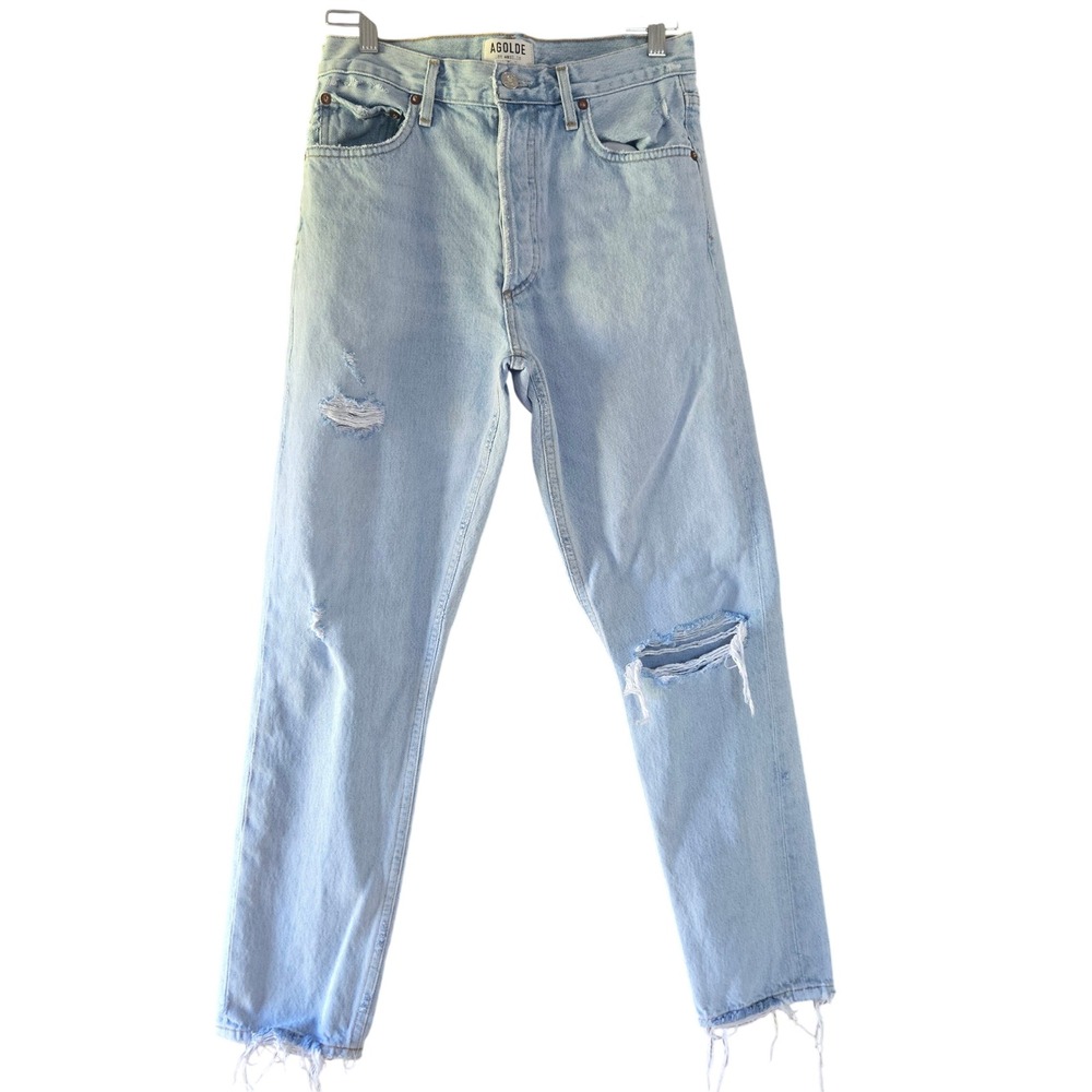Agolde Women Light Wash Distressed High Rise Straight Leg Button Fly Jeans 27